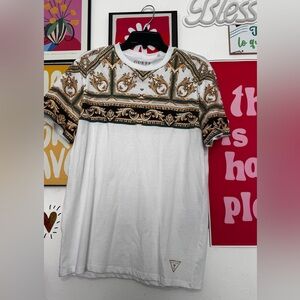 GUESS Men’s Baroque Print T-Shirt - Size M - White/Gold - NEW with Tags